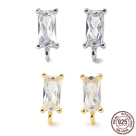 925 Sterling Silver with Clear Cubic Zirconia Stud Earring Findings, with S925 Stamp, Rectangle
