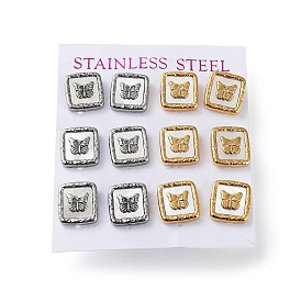 6 Pair 2 Color Square & Butterfly Natural Shell Stud Earrings, 304 Stainless Steel Earrings