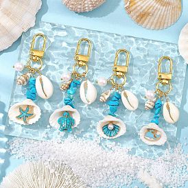 4Pcs 4 Styles Synthetic Turquoise Chip Bead and Shell Pendant Decorations, Alloy Swivel Clasps Charms for Bag Ornaments