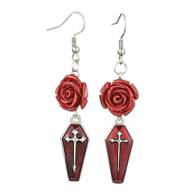 Synthetic Coral Dangle Earrings, with Alloy Enamel Pendants and 316 Surgical Stainless Steel Earring Hooks, Flower