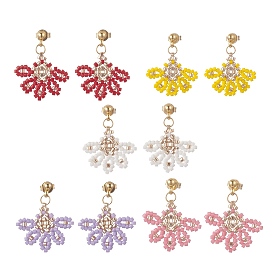 Glass Seed Braided Flower Dangle Stud Earrings, 304 Stainless Steel Jewelry for Women