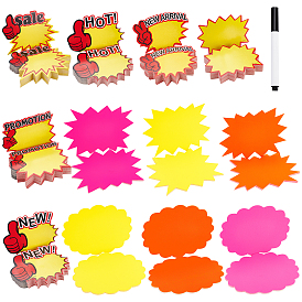 Nbeads 12 Bags 12 Style Explosive Shape & Word Blank Signs Sales Price Label Tags, with 1Pcs Plastic Erasable Pen, for Retail Store Commerce Favors Display