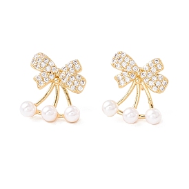 Cubic Zirconia Bowknot Stud Earrings with Acrylic Pearl, Brass Jewelry for Women, Lead Free & Cadmium Free