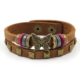 Cowhide Leather Multi-strand Bracelet, Alloy Butterfly Charms & Pyramid Stud Bracelets for Men Women, Bohemian Style