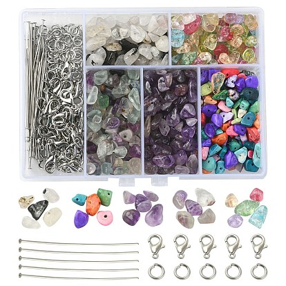 DIY Gemstone Keychain Making Kit, Including Natural & Synthetic Mixed Stone Chips & Glass Beads, Alloy Clasps, 304 Stainless Steel Flat Head Pins