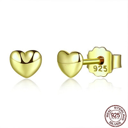 925 Sterling Silver Stud Earrings, Heart, with 925 Stamp, Real 18K Gold Plated