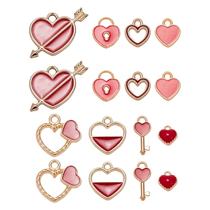 80Pcs 8 Styles Light Gold Alloy Enamel Pendants, for Valentine's Day, Heart, Heart Key