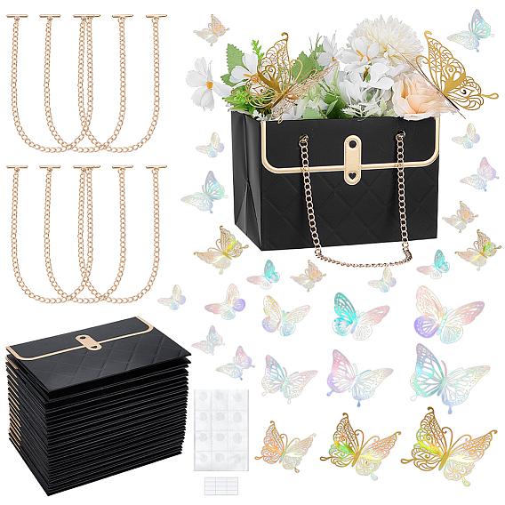 16 шт. Бумажные пакеты в форме сумочки с цветочным рисунком и цепочками из сплава золотистого цвета, с 36шт. двусторонних клейких наклеек и 3 наборами 3 стилей бумажных наклеек на стену в виде бабочек