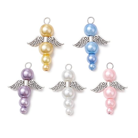 Подвески из перламутровых стеклянных бусин, ангел, с крыльями из сплава и медной проволокой