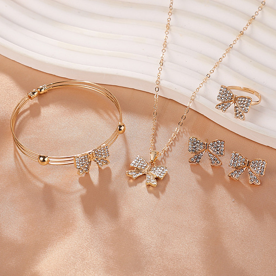 Серьги-гвоздики со стразами и кольцами в виде банта, ожерелья и браслеты для женщин