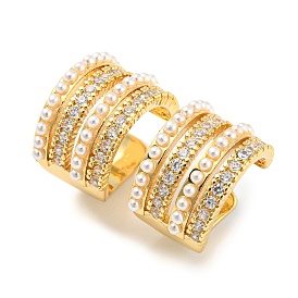 Clear Cubic Zirconia Round Ring Cuff Earrings, with Plastic Imitation Pearls and Brass Finding for Women. Lead Free & Cadmium Free, Long-Lasting Plated