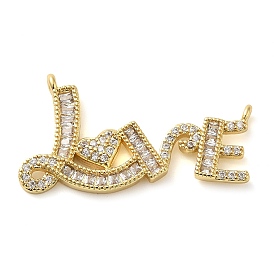 Valentine's Day Rack Plating Brass Micro Pave Clear Cubic Zirconia Pendants, Long-Lasting Plated, Cadmium Free & Lead Free, Word Love
