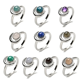 Natural Gemstone Adjustable Rings, with Platinum Brass Findings, Long-Lasting Plated, Jewely for Women, Moon with Round