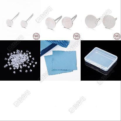925 hallazgos de aretes con forma de almohadilla plana de plata de ley, postes para pendientes con sello 925, 30 Uds tuercas de oreja de plástico, 1 Paño de pulido plateado cuadrado de tela de gamuza