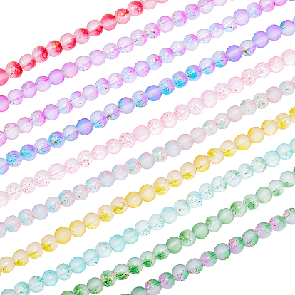 10Strands 10 Colors Frosted Spray Painted Glass Beads Strands, with Golden Foil, Round