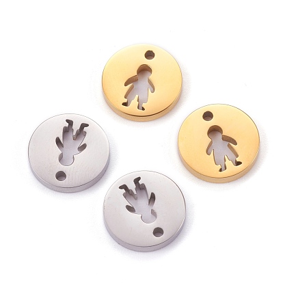Ion Plating(IP) 304 Stainless Steel Charms, Flat Round with Hollow Boy
