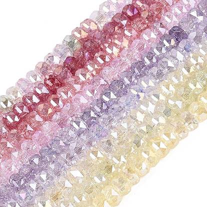 Electroplate Transparent Crackle Glass Beads Strands, Rondelle, Dyed, AB Color Plated, Faceted