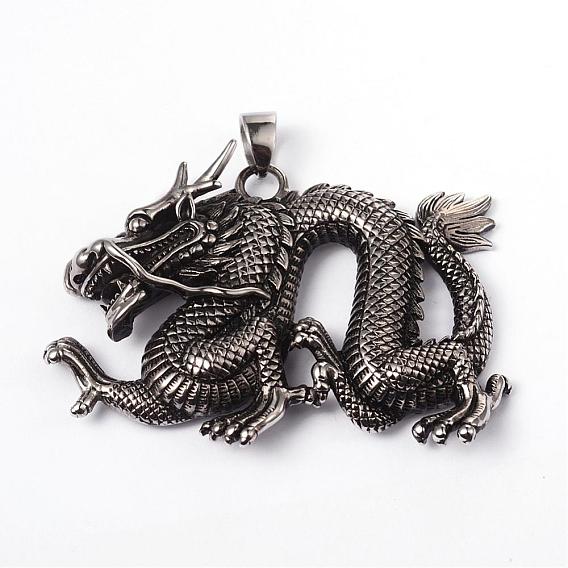 316 большие подвески из хирургической нержавеющей стали, дракон, 60x78x11 мм, отверстие : 7x9 мм