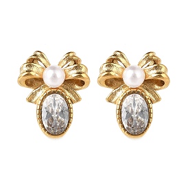 304 Серьги-гвоздики из нержавеющей стали с прозрачным фианитом и микропаве, с пластиковой имитационной жемчужиной, бантом