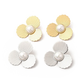 Flower Ion Plating(IP) 304 Stainless Steel Stud Earrings, Plastic Imitation Pearl Earrings for Women