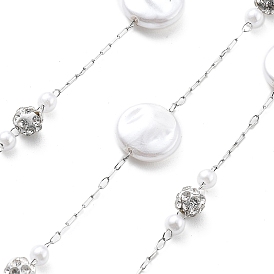 Цепочки из нержавеющей стали ручной работы 304, с полимерными стразами и искусственным жемчугом из АБС-пластика, пайки, плоско-круглые, с катушкой