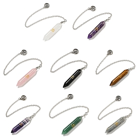 Bullet Natural Gemstone Pointed Dowsing Pendulums, with Rack Plating Antique Silver Plated Brass Pendants Ohm/Aum Findings