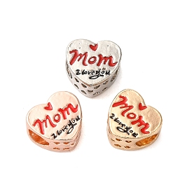 Rack Plating Alloy Enamel European Beads, Cadmium Free & Nickel Free & Lead Free, Large Hole Beads, Heart with Word Mom I Love You