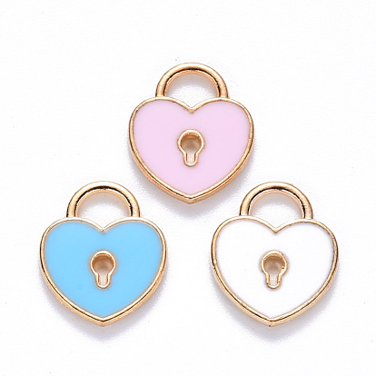 Alloy Enamel Charms, Heart Lock, Light Gold