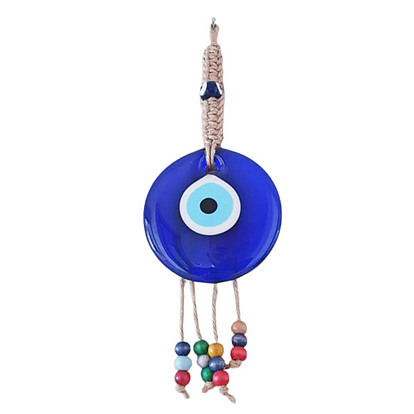 Flat Round with Evil Eye Glass Tassel Pendant Decorations, Braided Hemp Rope Hanging Ornaments