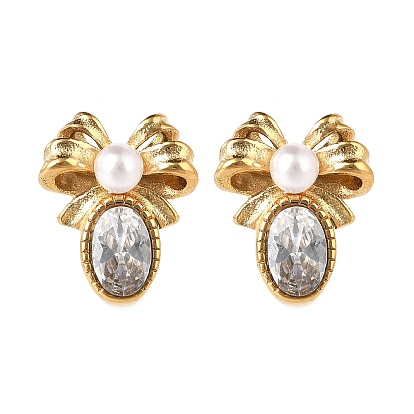 304 Серьги-гвоздики из нержавеющей стали с прозрачным фианитом и микропаве, с пластиковой имитационной жемчужиной, бантом