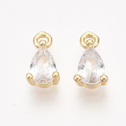 Brass Cubic Zirconia Charms, Real 18K Gold Plated, Nickel Free, Teardrop, Clear