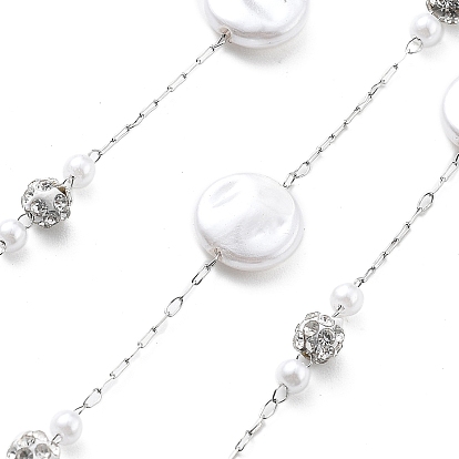 Цепочки из нержавеющей стали ручной работы 304, с полимерными стразами и искусственным жемчугом из АБС-пластика, пайки, плоско-круглые, с катушкой