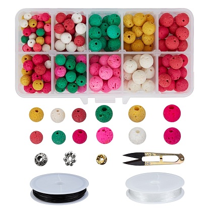 DIY Jewelry Kit, with Natural Lava Rock Beads, Tibetan Style Alloy Beads, Brass Spacer Beads, Sharp Steel Scissors, Elastic Crystal Thread