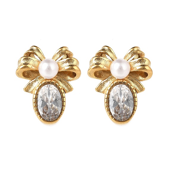 304 Серьги-гвоздики из нержавеющей стали с прозрачным фианитом и микропаве, с пластиковой имитационной жемчужиной, бантом