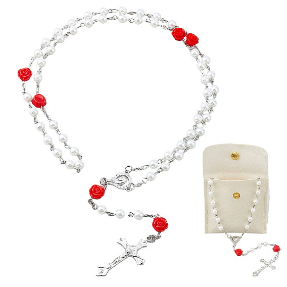 Collares de rosario con perlas redondas de imitación y flores de resina., Collares colgantes de cruz virgen de aleación, con 1bolsas de microfibra para joyería, Platino