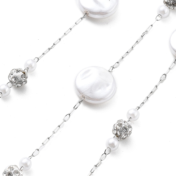 Цепочки из нержавеющей стали ручной работы 304, с полимерными стразами и искусственным жемчугом из АБС-пластика, пайки, плоско-круглые, с катушкой