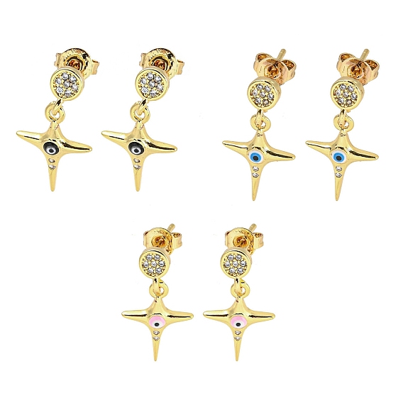 Star Real 18K Gold Plated Brass Dangle Stud Earrings, with Enamel and Cubic Zirconia
