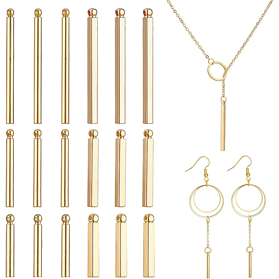 BENECREAT 36Pcs 6 Style Brass Bar Pendants, Long-Lasting Plated, Column & Cuboid