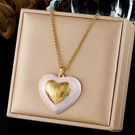 304 Stainless Steel Enamel Pink Heart Pendant Necklaces for Women