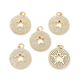 Brass Micro Pave Clear Cubic Zirconia Pendants, with Jump Ring, Long-Lasting Plated, Flat Round with Hollow Out Star