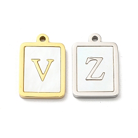 304 Stainless Steel Pave Shell Pendants, Rectangle Charms with Letter V/Letter Z