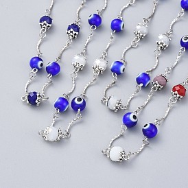 Biens à double usage, colliers de perles / bracelets wrap mauvais œil, Avec un verre faceté, perles au chalumeau faites à la main et lien de barre en laiton, 304 accessoires en acier inoxydable