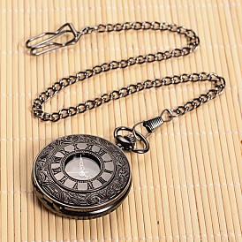 Reloj de bolsillo pendiente de la aleación, plano y redondo que se puede abrir, relojes de cuarzo, con cadena de hierro, 355 mm, ver: 59x47x14mm