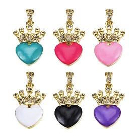 6Pcs 6 Colors Brass Micro Pave Clear Cubic Zirconia Pendants, with Enamel and Brass Snap on Bails, Heart