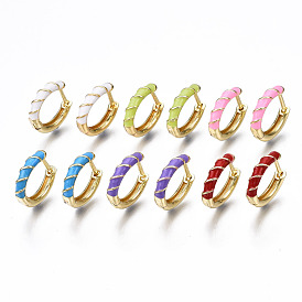 Brass Enamel Huggie Hoop Earrings, Nickel Free, Textured Ring, Real 16K Gold Plated