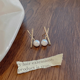 Pearl & Rhinestone Stud Earrings, 925 Silver Silver Pin Earrings for Women