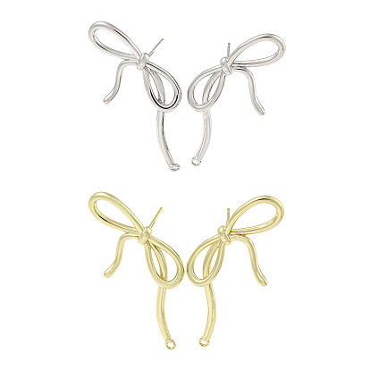 Left and Right Brass Cubic Zirconia Stud Earring Findings, Cadmium Free & Nickel Free & Lead Free, Bowknot