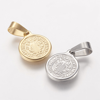 Ion Plating(IP) 304 Stainless Steel Pendants, Flat Round with Saint Benedict Medal
