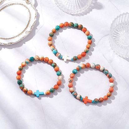 Браслеты из синтетического морского белого нефрита и бирюзы с эластичными бусинами для мужчин и женщин, крестик