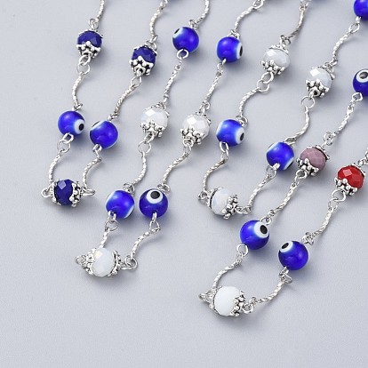 Dual-use Items, Evil Eye Beaded Necklaces/Wrap Bracelets, with Faceted Glass, Handmade Lampwork Beads and Brass Bar Link, 304 Stainless Steel Findings